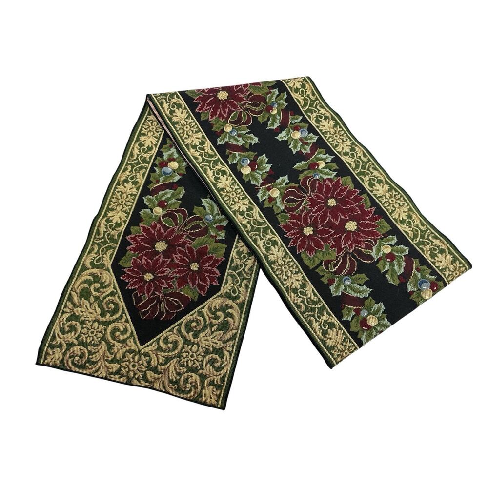 Christmas Tapestry Table Runner 100” Poinsettia Holly Ornament Holiday 13.5” W - Picture 2 of 5